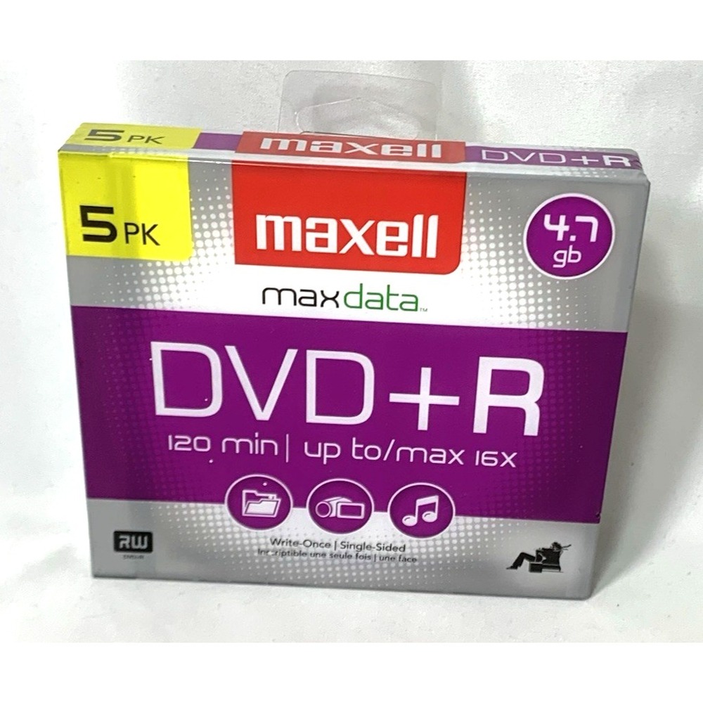 NEW Maxell DVD +R -16x -5 Discs + jewel cases 4.7 GB -120 min Write Once